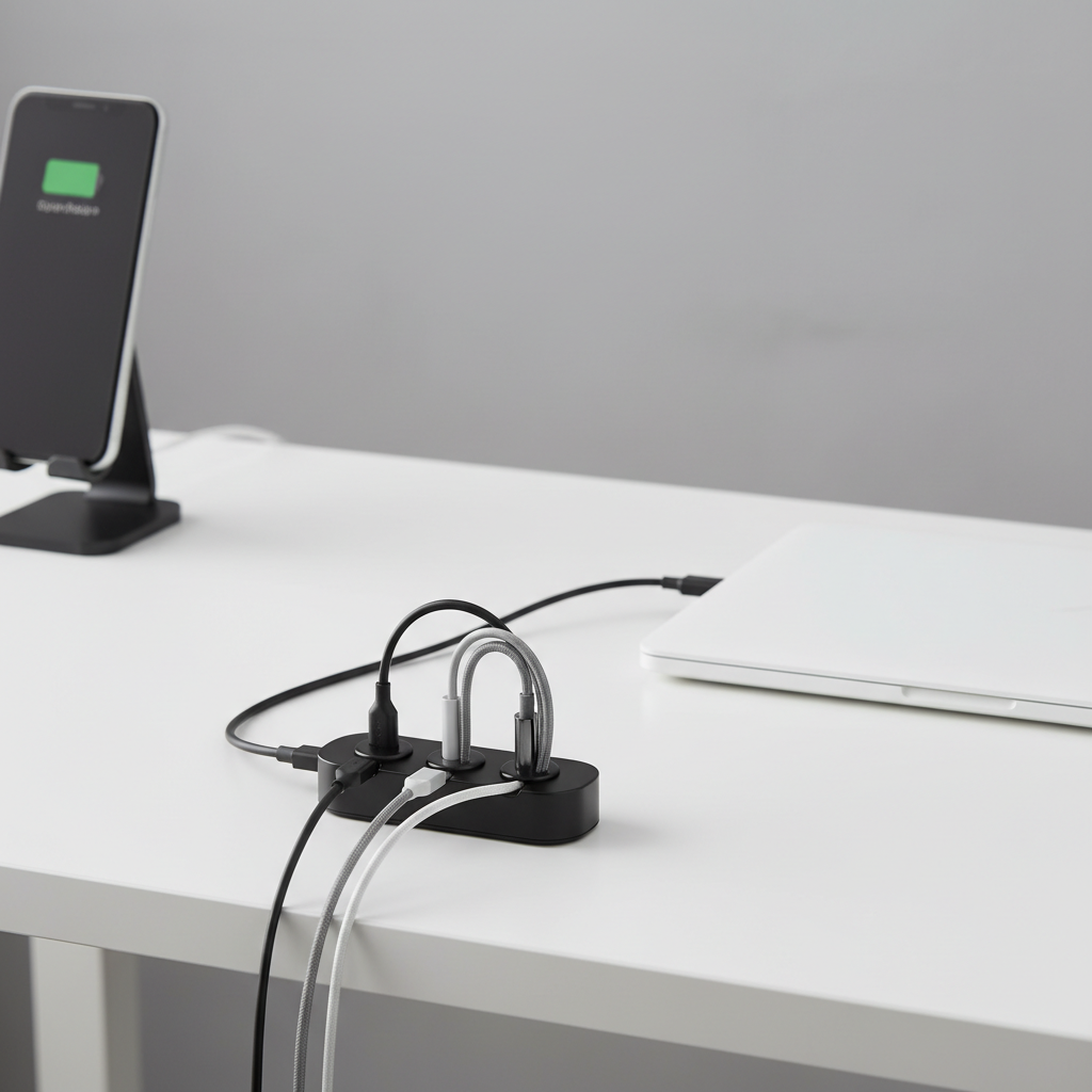 Magnetic cable organizer on a clean modern white desk with neatly organized cables