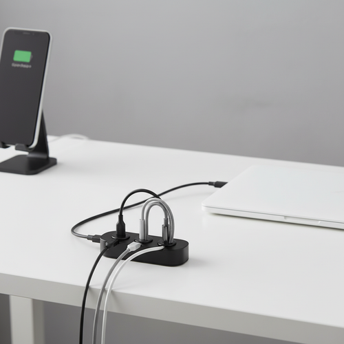 Magnetic cable organizer on a clean modern white desk with neatly organized cables