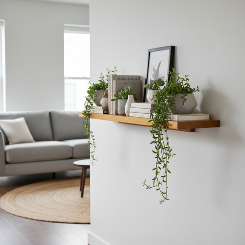 Floating wall shelf with hidden brackets, warm wood finish with plants and books